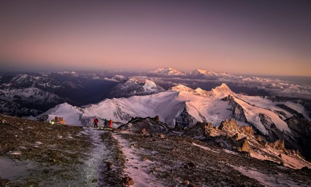Life Happens Outdoors team climbing to Plaza Independencia during the summit push of the Aconcagua Expedition.