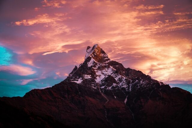 Machhapuchhre beneath a colourful sky on the Mardi Himal trek