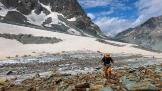 Trekking up to the glacier from the Arolla Valley during the Chamonix to Zermatt Haute Route Expedition with the Life Happens Outdoors team.