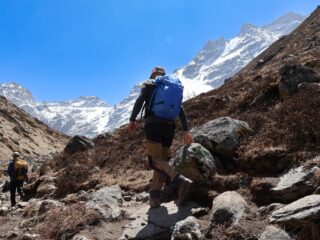 Trekkers approaching Mera Peak through the remote upper Hinku Valley in Nepal.