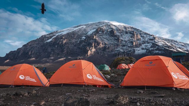 Camping tents on Kilimanjaro, Uhuru peak while summit trekking
