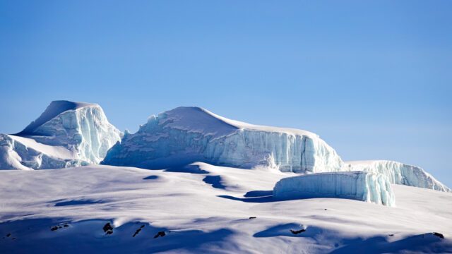 Glaciers around the summit of Kilimanjaro and the Kibo Crater, showcasing the stunning ice formations during the Climb Kilimanjaro Expedition with the Life Happens Outdoors team.