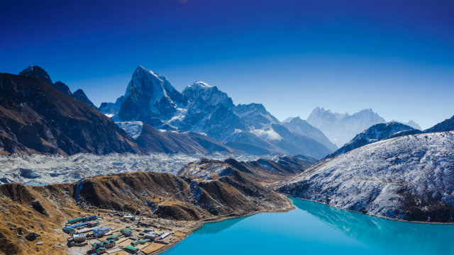The Gokyo Lakes as seen from Gokyo Ri with the Everest region in the background during the Gokyo Lakes Trek with the Life Happens Outdoors team.
