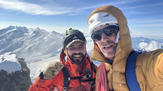 LHO Team Leader Jean Louis Moukarzel and LHO IFMGA Guide and Piolet d'Or winner Fred Degoulet on the summit of the Matterhorn during the Climb Matterhorn Course with the Life Happens Outdoors team.