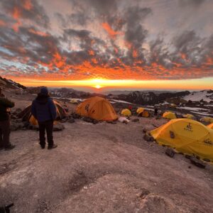 Camp 2, Nido de Cóndores on Aconcagua at sunset during the Aconcagua Expedition with the Life Happens Outdoors team.