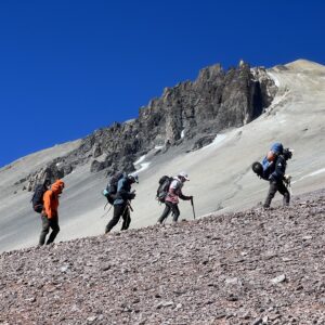 The Life Happens Outdoors team trekking from Camp 1, Plaza Canadá, to Camp 2, Nido de Cóndores, during the Aconcagua Expedition.
