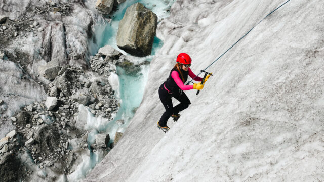 Training on the Mer de Glace during the Mont Blanc Summit Course with the Life Happens Outdoors team.