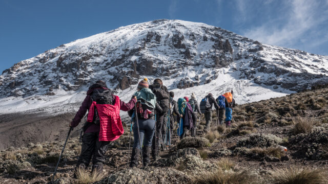 Trekking from Shira to Lava Tower with the Kibo Crater straight ahead during the Climb Kilimanjaro Expedition with the Life Happens Outdoors team.