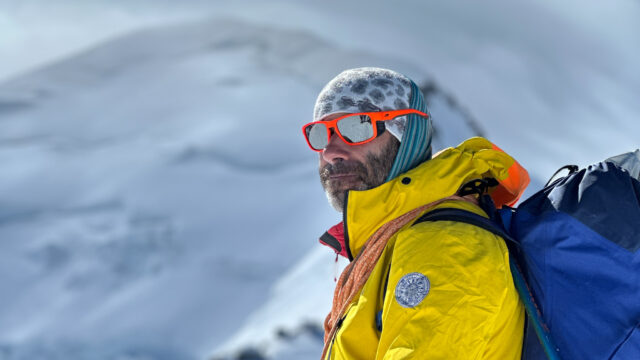 LHO guide Babis Marinidis on the Dôme du Goûter during the Mont Blanc Summit Climb course with the Life Happens Outdoors team.