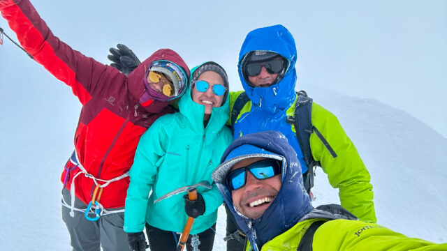 Summit of Mont Blanc with IFMGA guide Philippe Genin and LHOers Mariz Doss and Fatima Sajwani, who became the first Emirati woman to summit Mont Blanc, during the Mont Blanc Summit Course with the Life Happens Outdoors team.