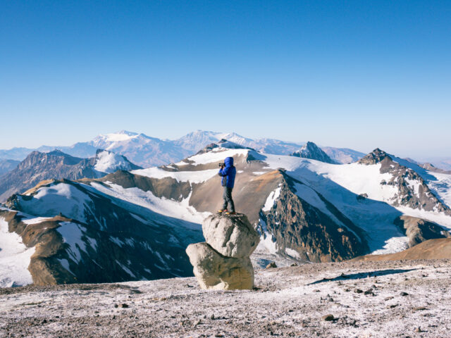 Abiral Rai at Camp 2 of Aconcagua with a stunning backdrop of the Andes during the Aconcagua Expedition with the Life Happens Outdoors team.