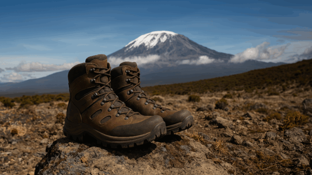 A tan waterproof hiking boot with durable laces and rugged tread sits on rocky terrain, ideal for climbing Mount Kilimanjaro in varied conditions.