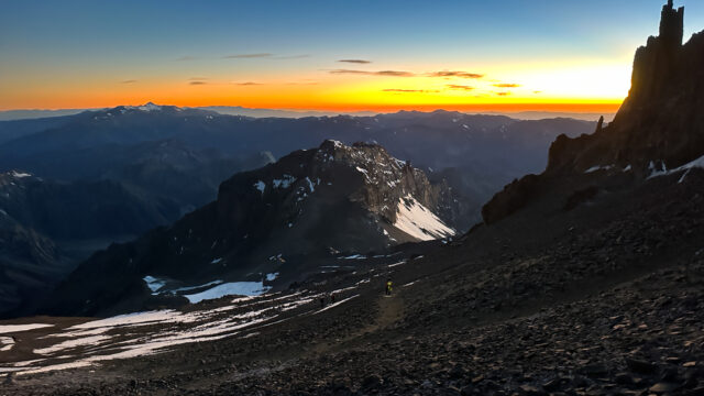 Sunrise on the way to the summit of Aconcagua from Plaza Independencia, capturing high altitude light over the Andes during a climb of Mt Aconcagua.