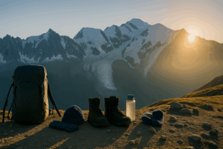 Camping and hiking gear including a backpack, gloves, beanie, trekking boots, water bottle, and socks laid out on a rocky slope at sunrise, with Mont Blanc and snow-covered peaks glowing in the background.