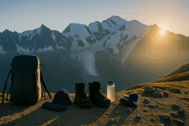 Camping and hiking gear including a backpack, gloves, beanie, trekking boots, water bottle, and socks laid out on a rocky slope at sunrise, with Mont Blanc and snow-covered peaks glowing in the background.