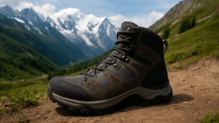 Close-up of a rugged hiking boot on a dirt trail in the Alps, with the snow-capped Mont Blanc massif in the background—ideal terrain for the Tour du Mont Blanc hike.