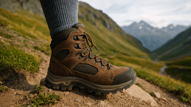 Close-up of a hiking boot on a rugged mountain trail with scenic alpine peaks in the background, symbolizing proper boot fit for trekking adventures like the Tour du Mont Blanc or climbing Kilimanjaro.