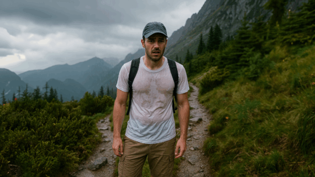 Hiker wearing a soaked cotton t-shirt on a misty mountain trail, showing why cotton is bad for hiking and the importance of moisture wicking fabrics for staying dry and safe.