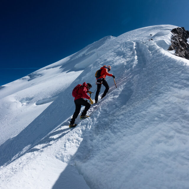 LHO climber ascending the final mogul toward the Mont Blanc summit ridge under the guidance of an IFMGA mountain guide with the summit visible ahead.
