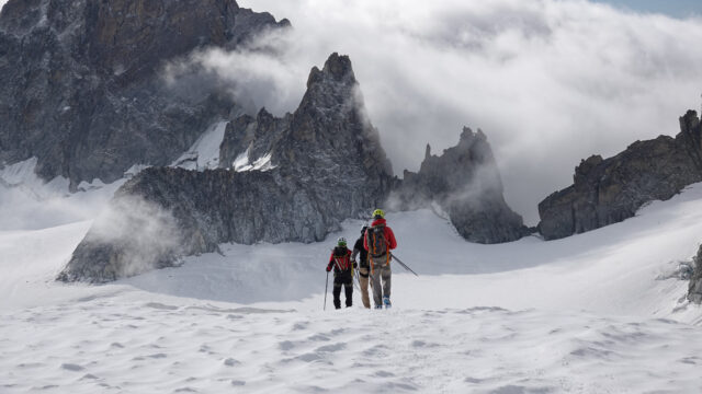 Life Happens Outdoors climbers descend the Aiguille du Tour on the Triangle Glacier, a training summit that builds skills and confidence for Mont Blanc.