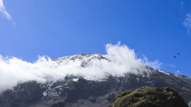 Kilimanjaro summit under clear blue skies seen from Karanga Camp on the Machame Route with Life Happens Outdoors