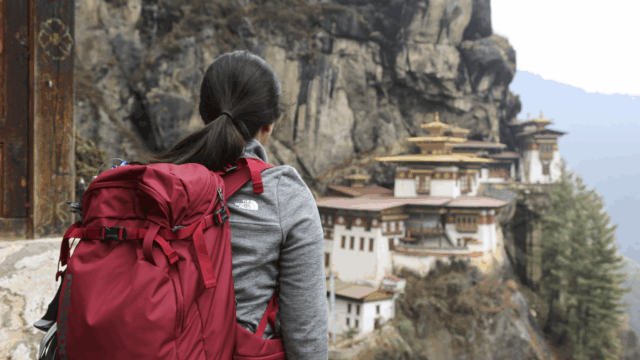 Life Happens Outdoors community members looking toward Tigers Nest Monastery in Bhutan during the Explore Mystical Bhutan trip