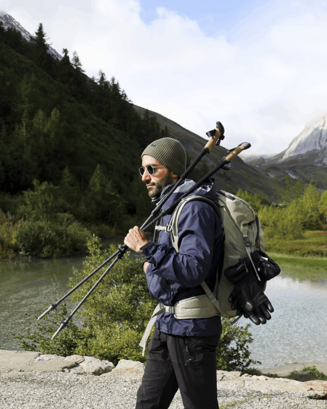 Life Happens Outdoors community member in front of the lakes in Val Veny on the Italian side of Mont Blanc during the Tour du Mont Blanc trek.