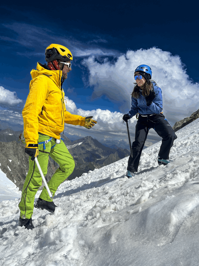 Life Happens Outdoors Team Leader and guide climbing in the Vallée Blanche together, working as one team.