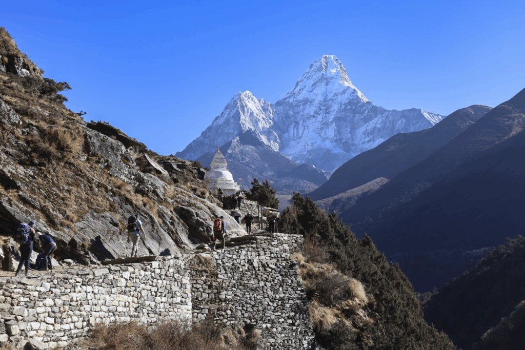 Life Happens Outdoors team entering the Khumbu Valley on the Everest Base Camp Trek toward Everest Base Camp