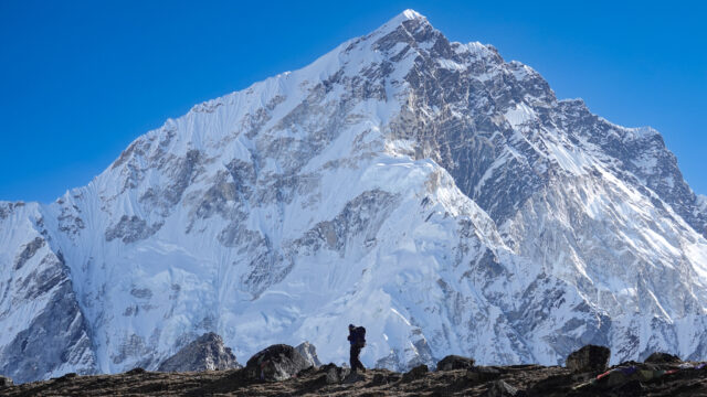 Life Happens Outdoors community member trekking on the trail to Everest Base Camp in the Himalayas