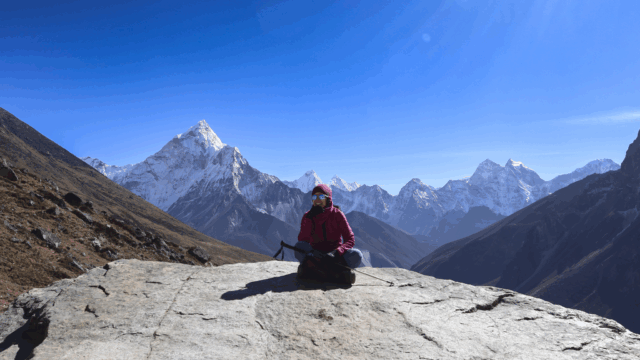 Life Happens Outdoors trekker at Thukla Pass on the Everest Base Camp Trek in Nepal