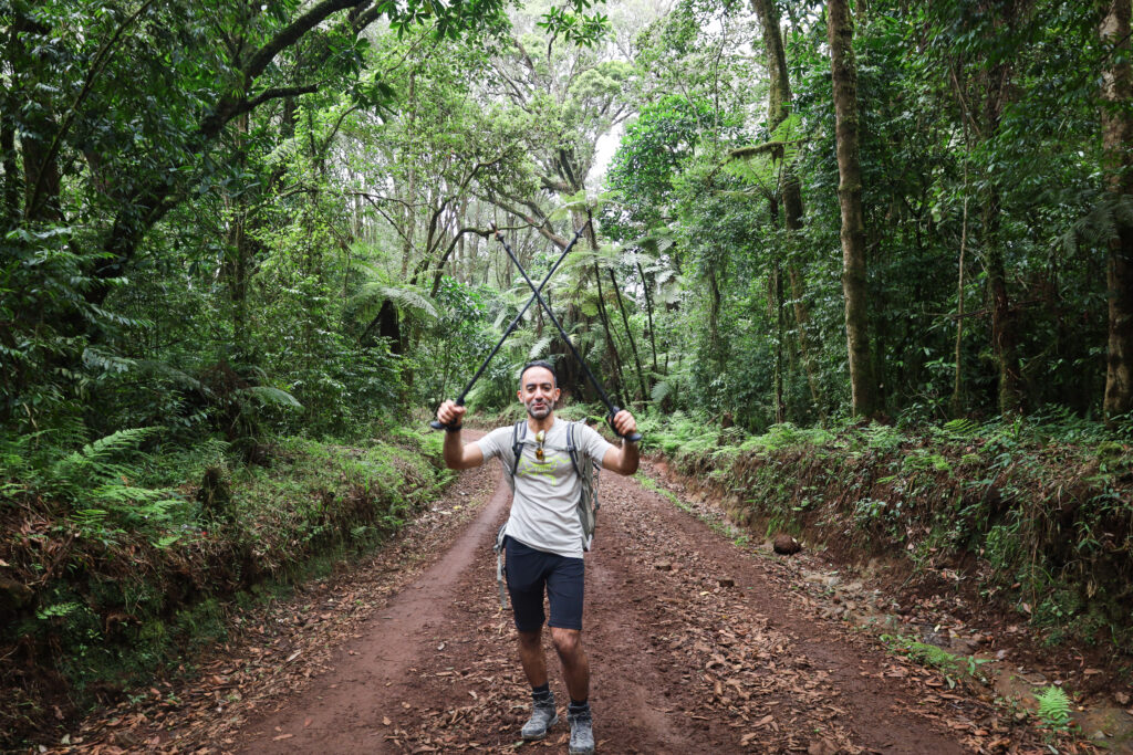 Life Happens Outdoors community member walking through Kilimanjaro rainforest on the descent