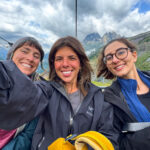 Three Life Happens Outdoors trekkers riding a chairlift during the Tour du Mont Blanc trek