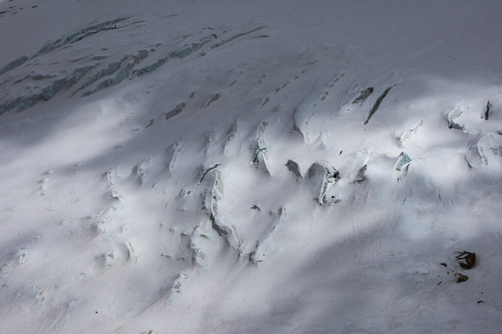 Crevasse field on Mera Peak glacier showing complex terrain encountered during high altitude ski touring in Nepal