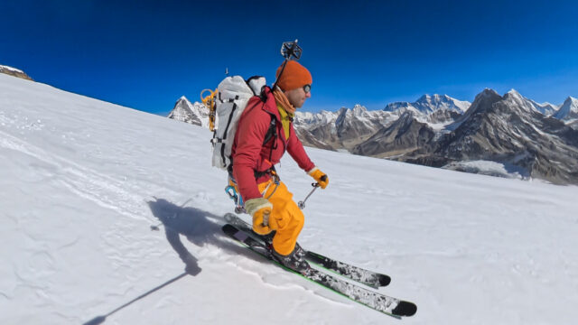 Panoramic view of Mera Peak and surrounding Himalayan mountains during ski touring expedition in Nepal