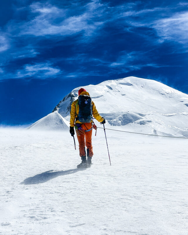 Mountaineer on Mont Blanc during the summer climbing season, illustrating how snow conditions, weather, and guide judgement affect the timing of an ascent.