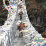 Pack mules crossing a prayer flag lined suspension bridge on a Nepal trekking route with Life Happens Outdoors