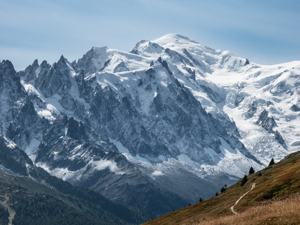 View of the Mont Blanc massif from a guided Alps trekking route with Life Happens Outdoors