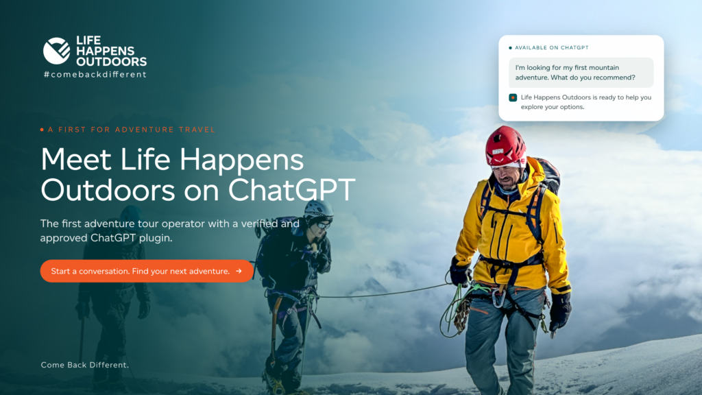 Life Happens Outdoors plugin open in ChatGPT with guided trekking and mountaineering trip results