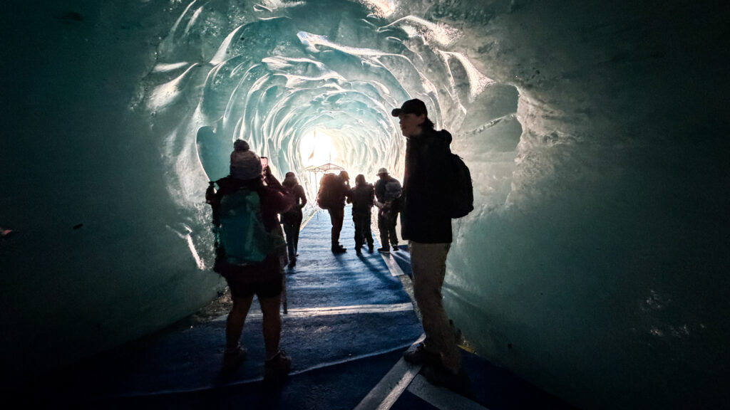 Pioneer Point Partners team inside the Mer de Glace ice cave during a Life Happens Outdoors company offsite in Chamonix.