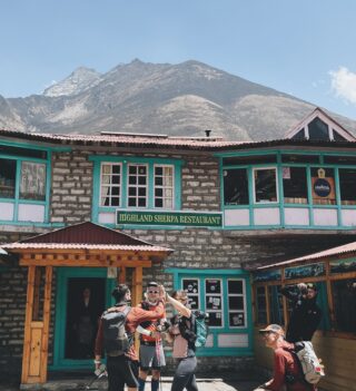 The Run High group outside Highland Sherpa Restaurant in Nepal.